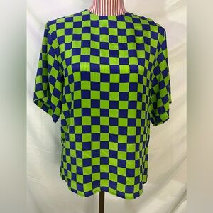 Vintage 80s Pat Argenti 100% Silk Green Blue Checkered Short Sleeved Blouse Sz S
